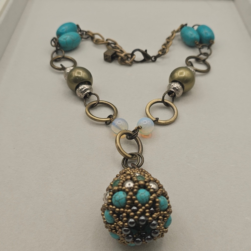 Bronze & Turquoise Tone Beaded Pendant Necklace 22" Boho Chic Earthy Southwest - Picture 11 of 16